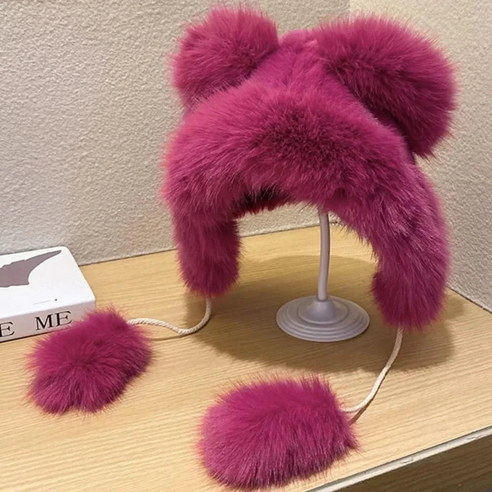 Rose Red Pink Faux Fur Earflap Hat