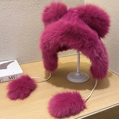 Rose Red Pink Faux Fur Earflap Hat