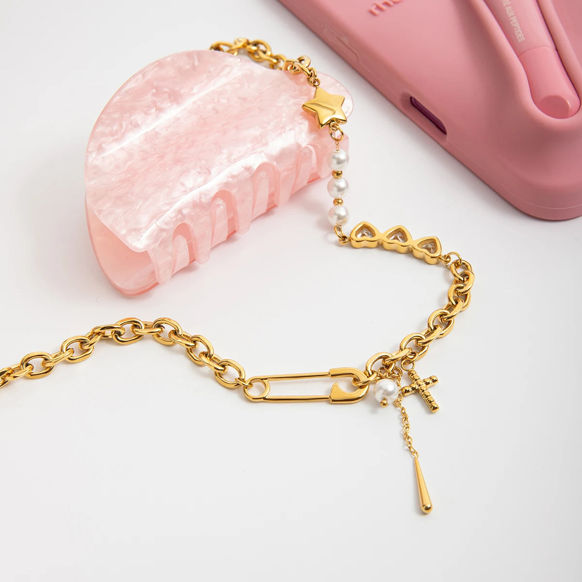 Y2K Patchwork Chain Necklace - Stainless Steel Paperclip & Pentagram Cross with Zirconia