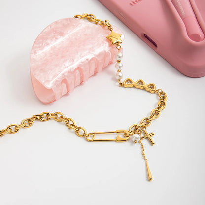 Y2K Patchwork Chain Necklace - Stainless Steel Paperclip & Pentagram Cross with Zirconia