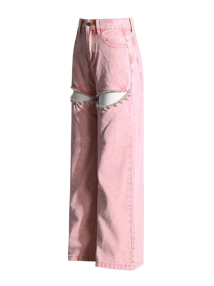 Side details of pink Diamond Beads Distressed Wide-Leg Jeans