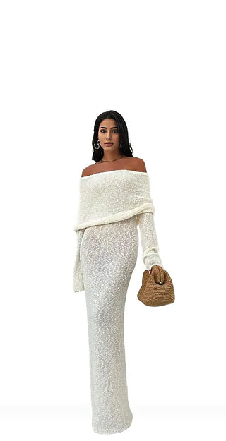 Woman wearing the white Cover-Up Off-Shoulder Maxi Dress