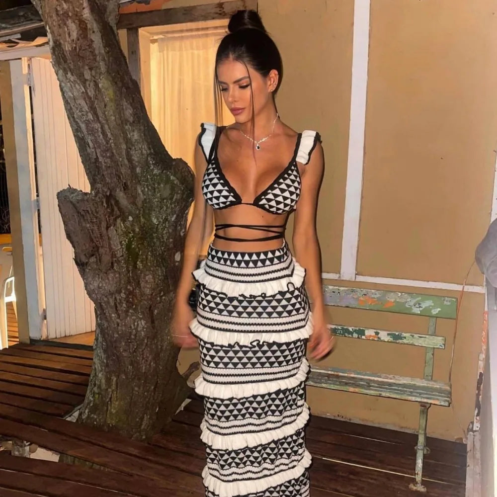 Bohemian Striped Knitted Beach Skirt Sets
