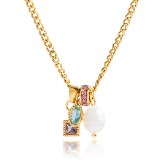 Lucky Zircon Pearl Geometric Pendant Necklace