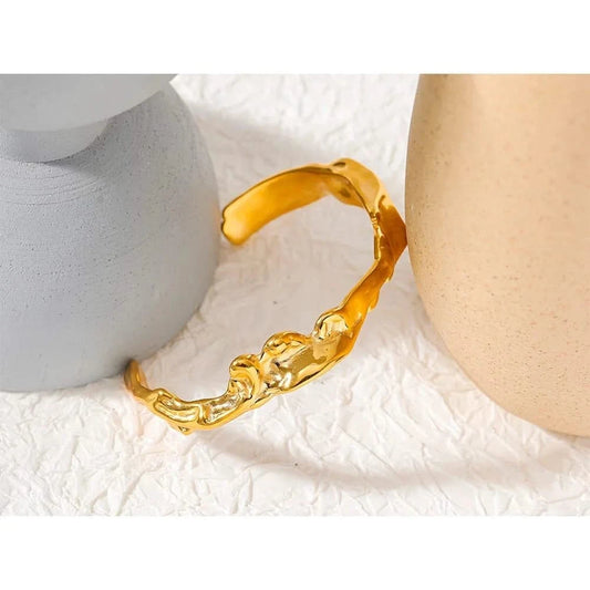 Yhpup Waterproof 18K Gold Color Stainless Steel Irregular Geometric Open Cuff Bracelet Bangle Personalized Metal Texture Jewelry - Mabel Love Co