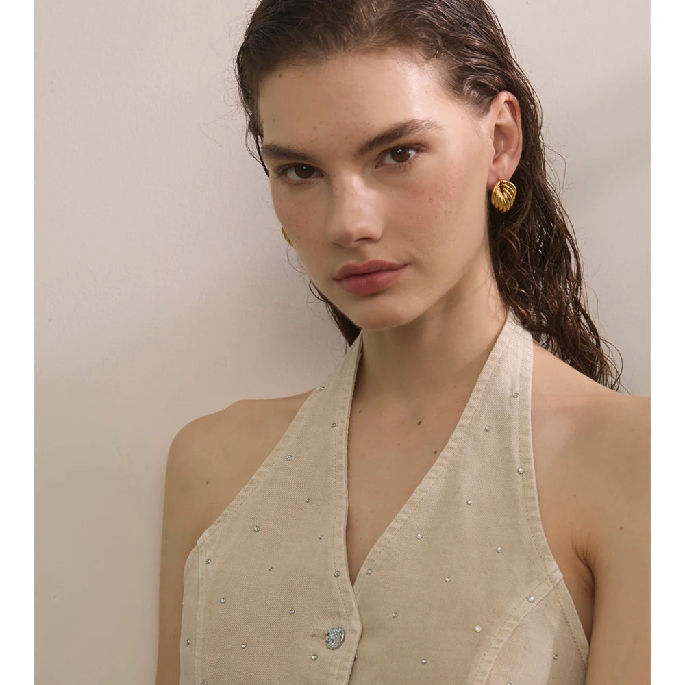 18K Gold Geometric Stud Earrings - Waterproof Stainless Steel Statement Jewelry