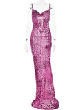 Purple Leopard Print Long Dress with Back Lace Up