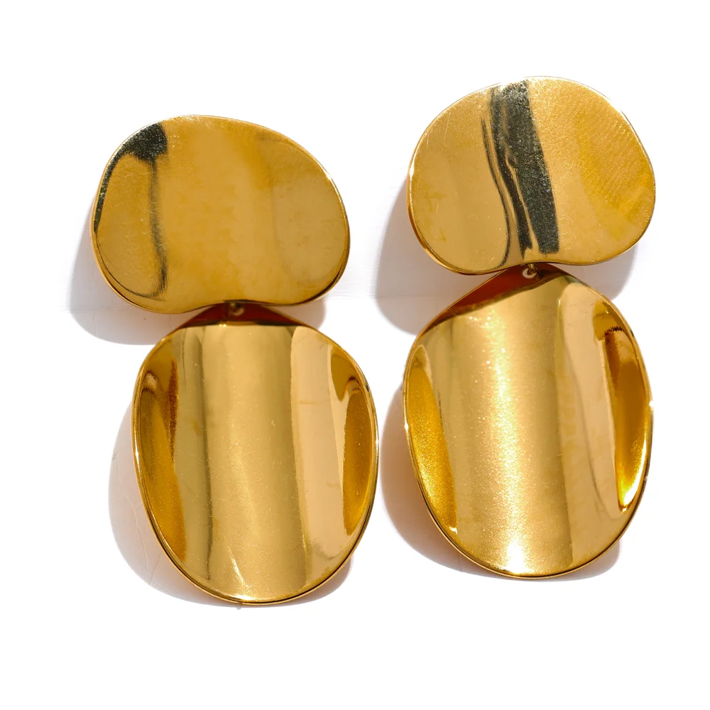 Gold Steel Circle Plate Drop Dangle Earrings