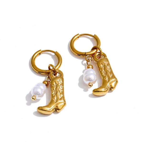 Cowgirl Pearl Gold-color Hoop Earrings