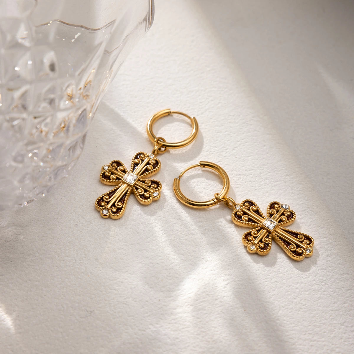 Culty Gold-Plated Cross Drop Earrings for Women