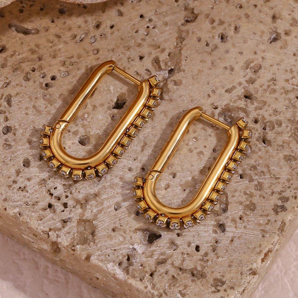U-Shaped CZ Paved Hoop Earrings: 18K Gold Stainless Steel