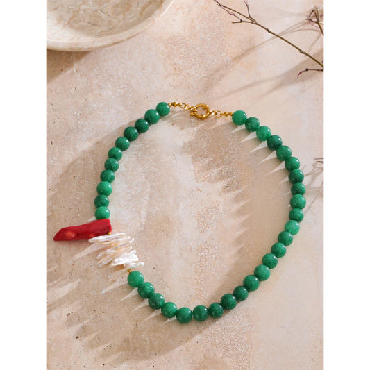 Green Natural Stone Baroque Pearls Necklace Claire - model wearing new