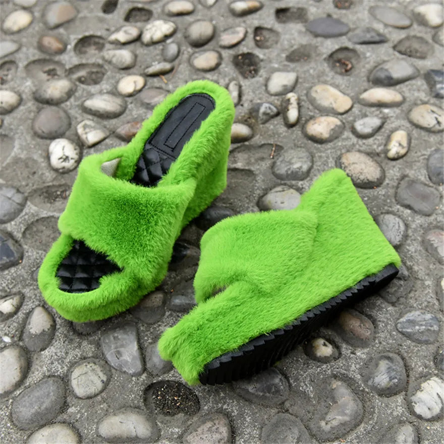 Poe Heel Plush Suede Slippers - Green - Wedges