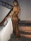 Back Details of a woman wearing the brown Leopard Print Long Dress with Back Lace Up