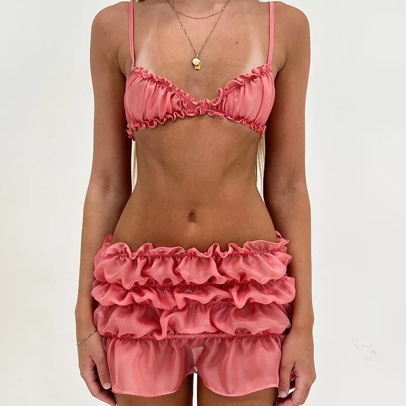 Pink Ruffled Spaghetti Strap Tops and Low Waist Skirt
