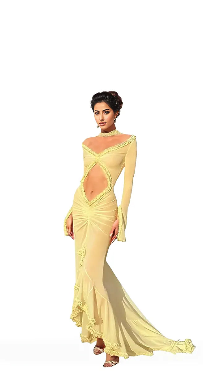 Yellow Open Stomach Maxi Dress with Low Back Ruched
