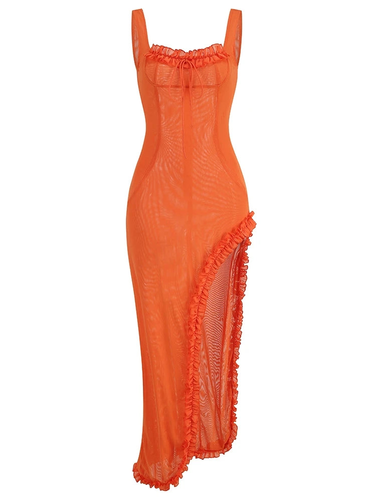 Front details of Orange Ruffle Maxi Slit Dress