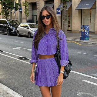 Purple Pinstripe Long-Sleeve and Pleated Mini Skirt Set
