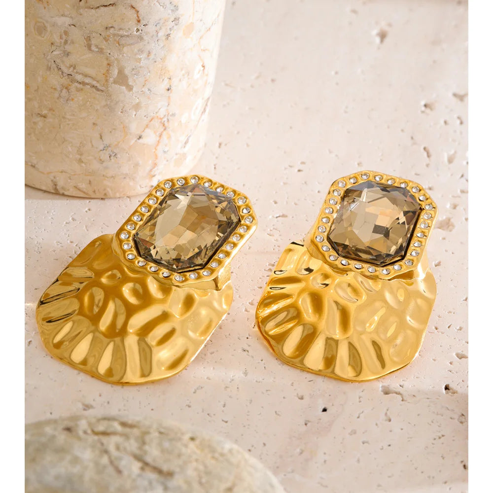 Crystal Square Golden Stud Earrings Stainless Steel Geometric Statement Wear
