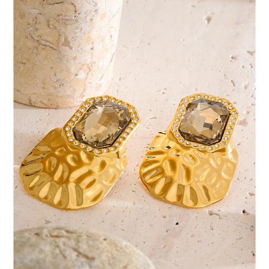 Crystal Square Golden Stud Earrings Stainless Steel Geometric Statement Wear
