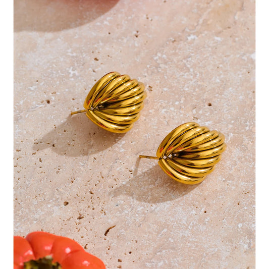 18K Gold Geometric Stud Earrings - Waterproof Stainless Steel Statement Jewelry - close up of jewelry details