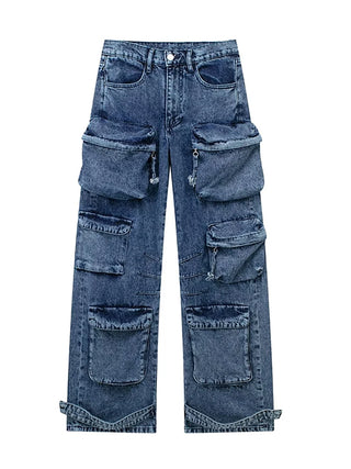 Front details of Multi Pockets Wide-Leg Denim Pants