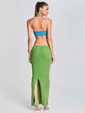 Back Angle of a Woman wearing Green Crochet Halter Maxi Dress