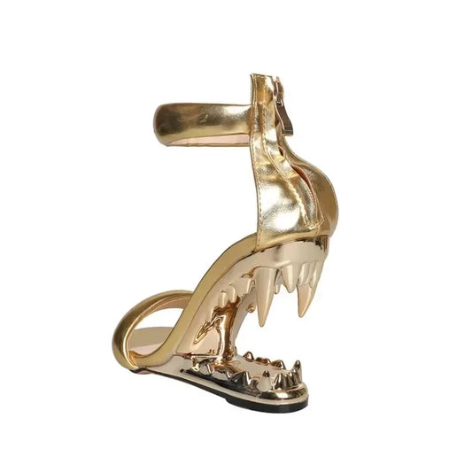 Gold Tiger Teeth High Heel Sandals - Heel Slope Design - Women's Back Zip Dress Shoes