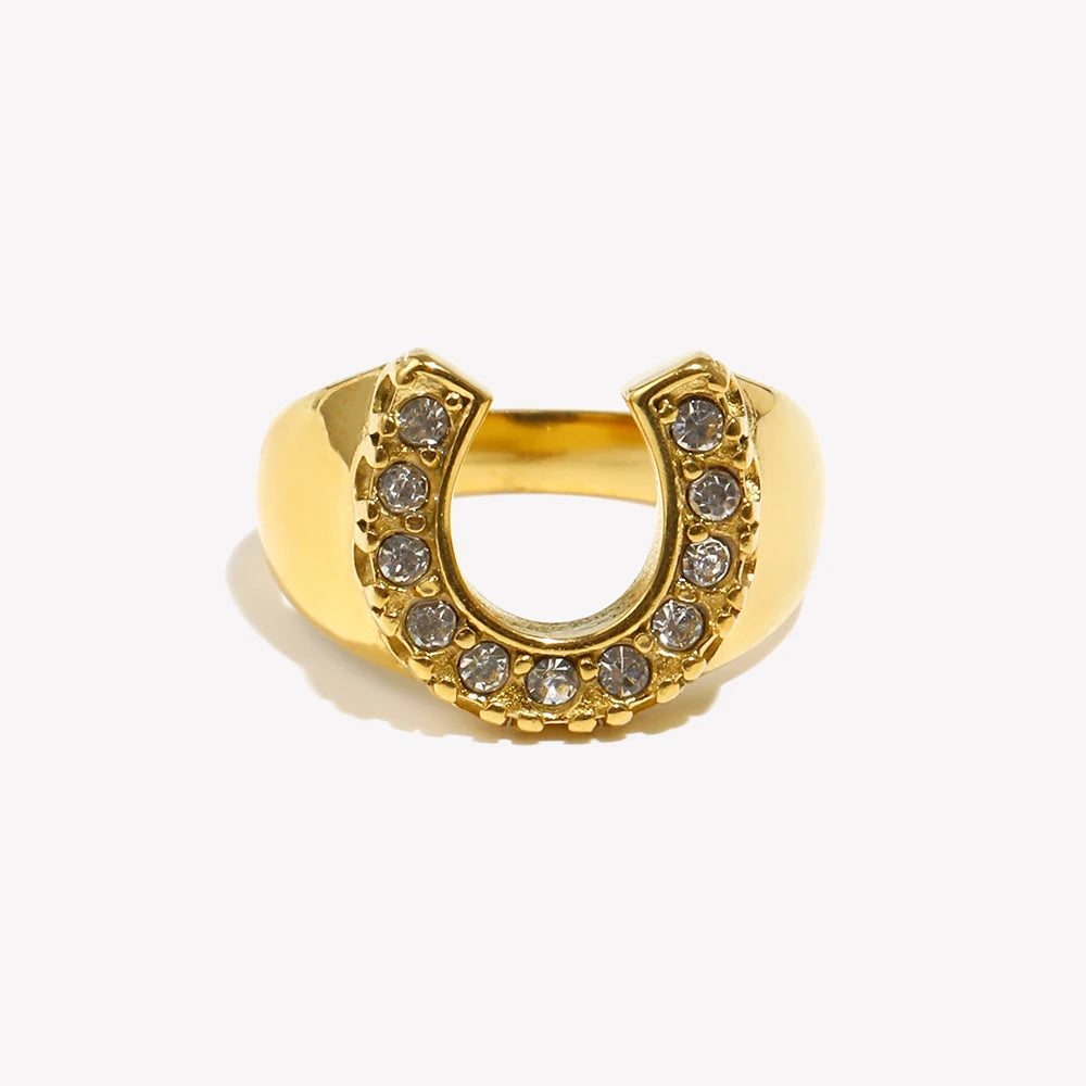 "Eden lucky horseshoe Gold Letter Paved Stainless Steel Ring"