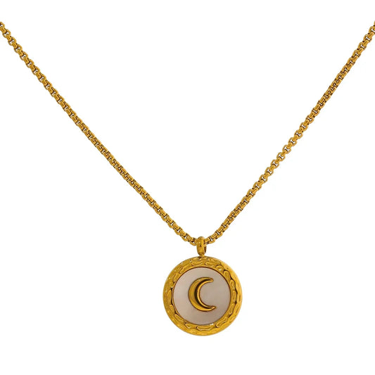 Gold Round Moon Shell Pendant Necklace