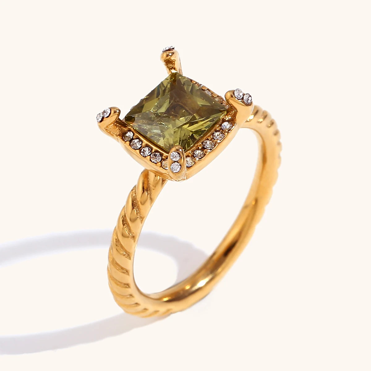 Peridot Zircon Twist Stainless Steel Ring