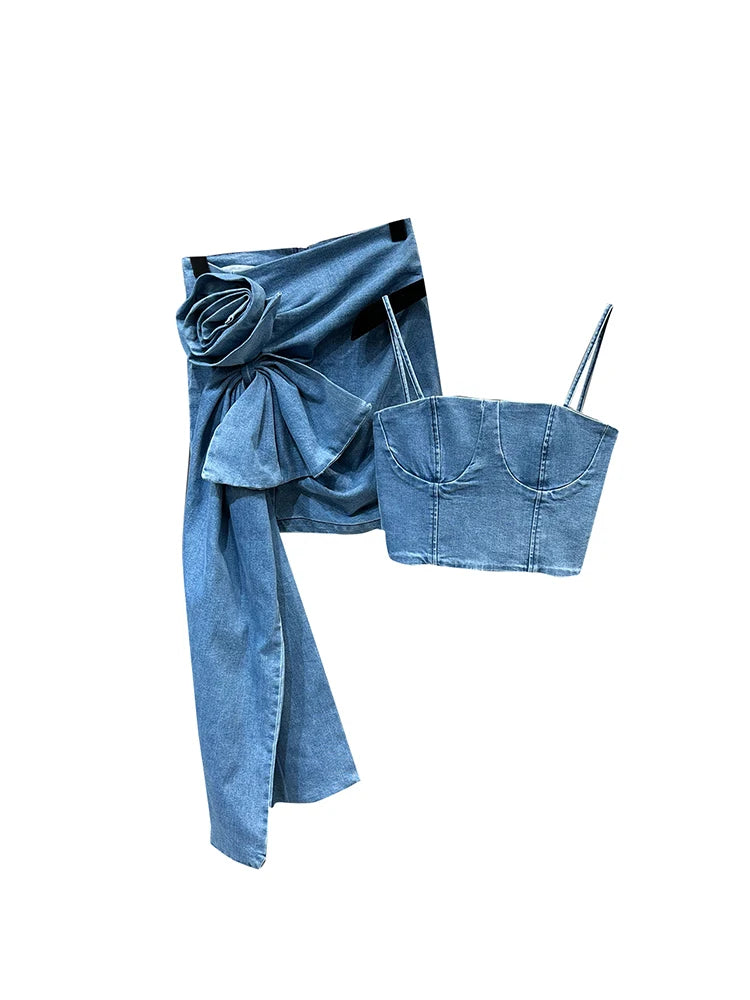 Woman wearing the blue 3D Flower Long Patch Denim Skirt Set