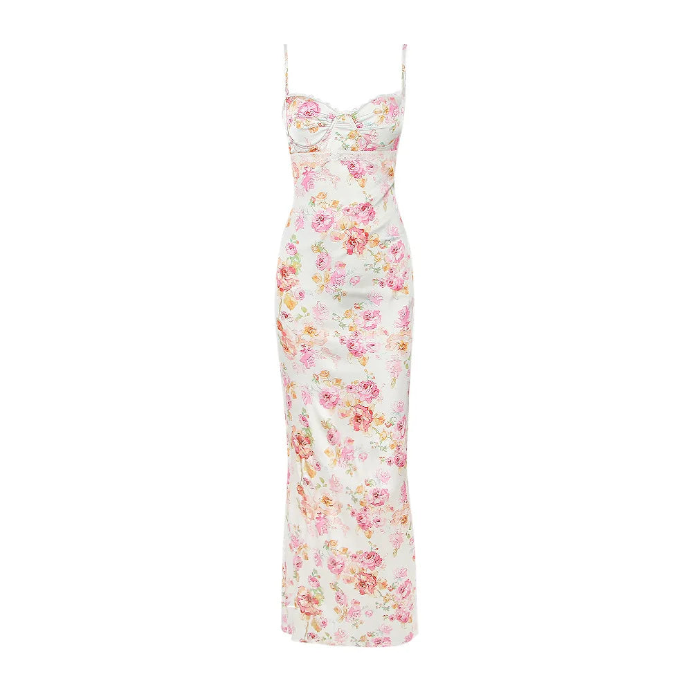 Pink Spaghetti Strap Maxi Dress with Floral Prints