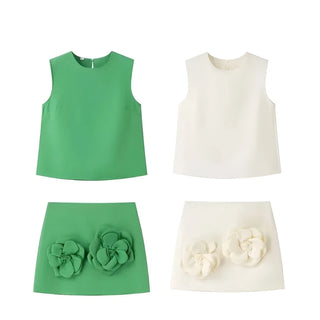 Green and Beige 3D Flower Skirt and Sleeveless Crop Top Set