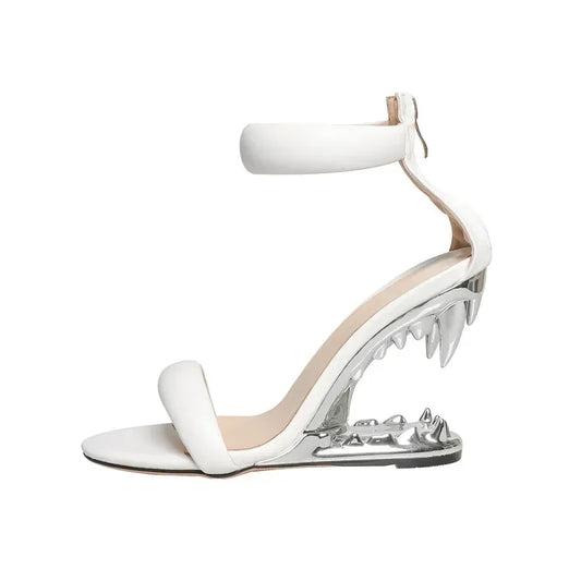 Gold Tiger Teeth High Heel Sandals - Heel Slope Design - Women's Back Zip Dress Shoes