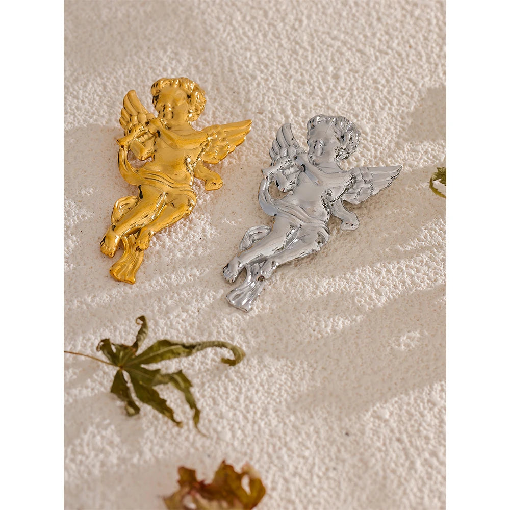 Gold Plated Stainless Steel Angel Blow Horn Brooch Pin