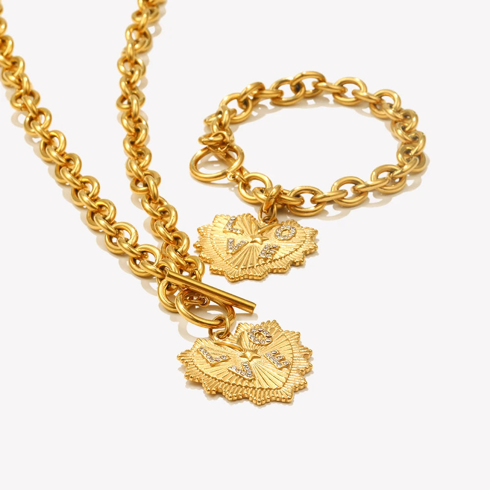 Elena Gold Plated Stainless Steel Heart Necklace Bracelet Set