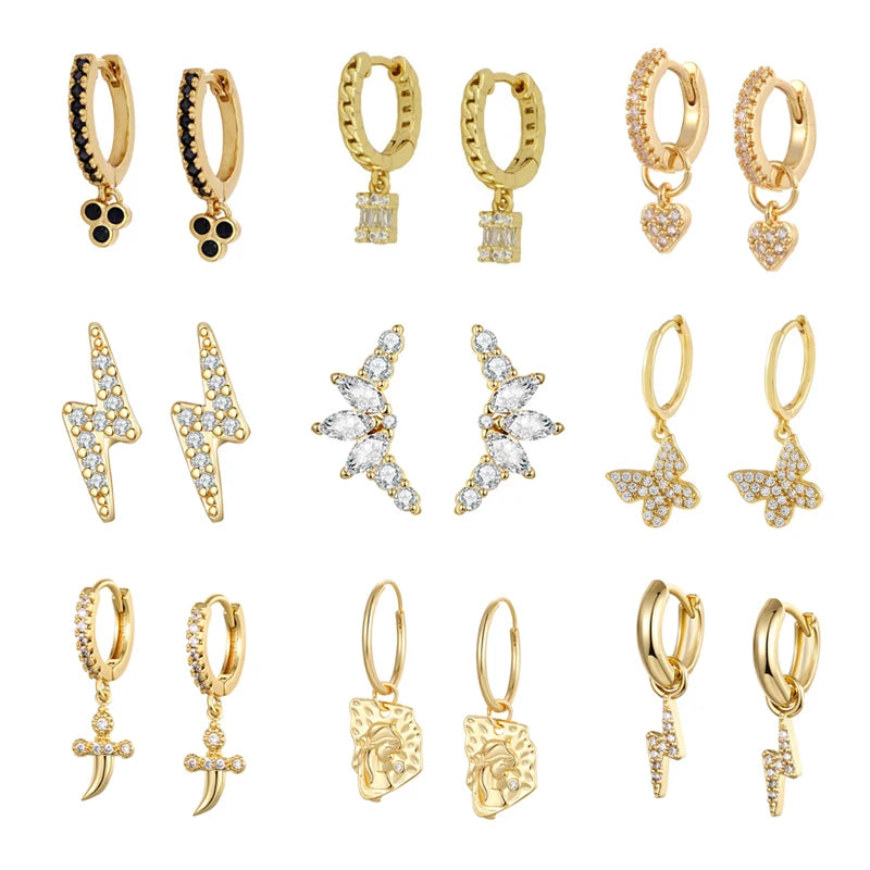 Gold silver color Stud Hoop Earrings for Women Cubic Zirconia Drop Earring Chain Circle earrings 20022 Jewelry