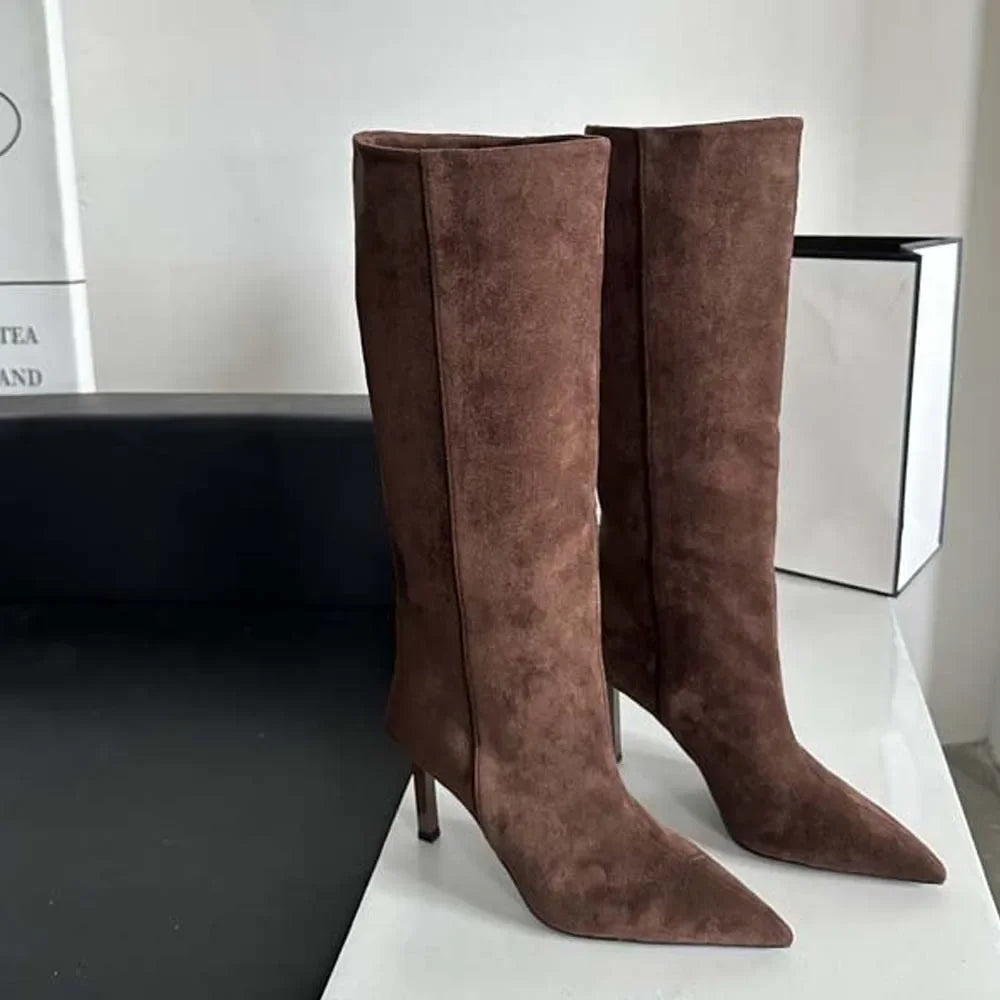 Roman Style Pointed High-heeled Brown Boots - main product image