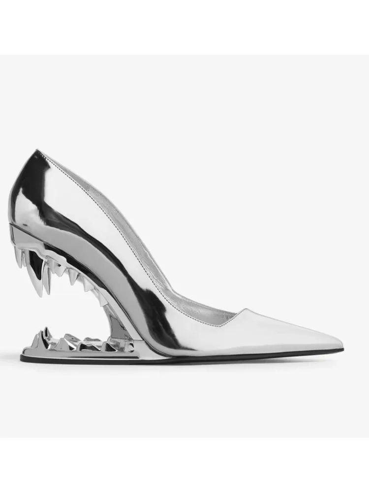 Metal Tiger Tooth Heel Pointy Toe Super High Heel Pumps