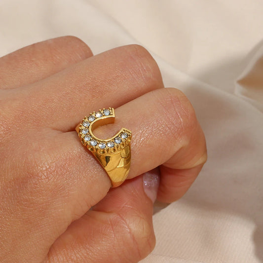Eden lucky horseshoe Gold Letter Paved Stainless Steel Ring