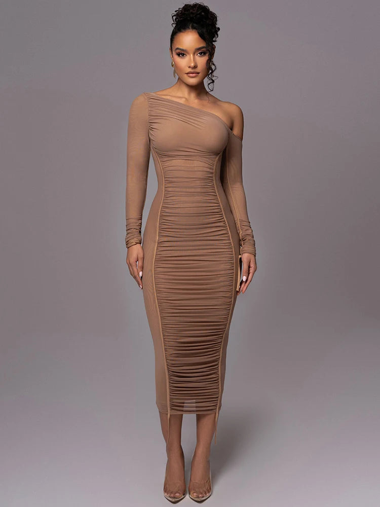 Woman wearing the brown Asymmetrical Midi Dress with Ruched Design