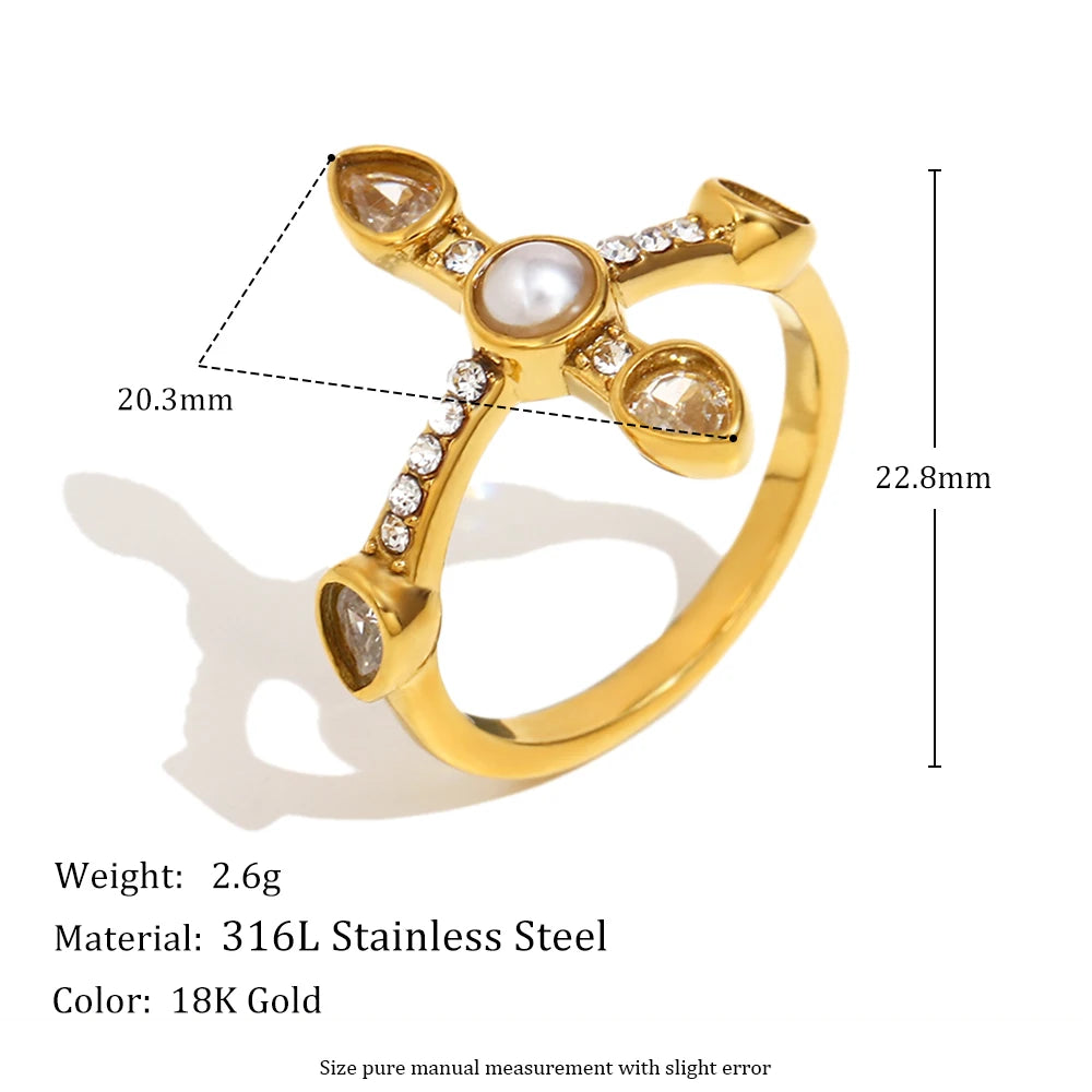 Elegant Waterdrop Zircon Cross Ring - 316L Stainless Steel Waterproof Jewelry