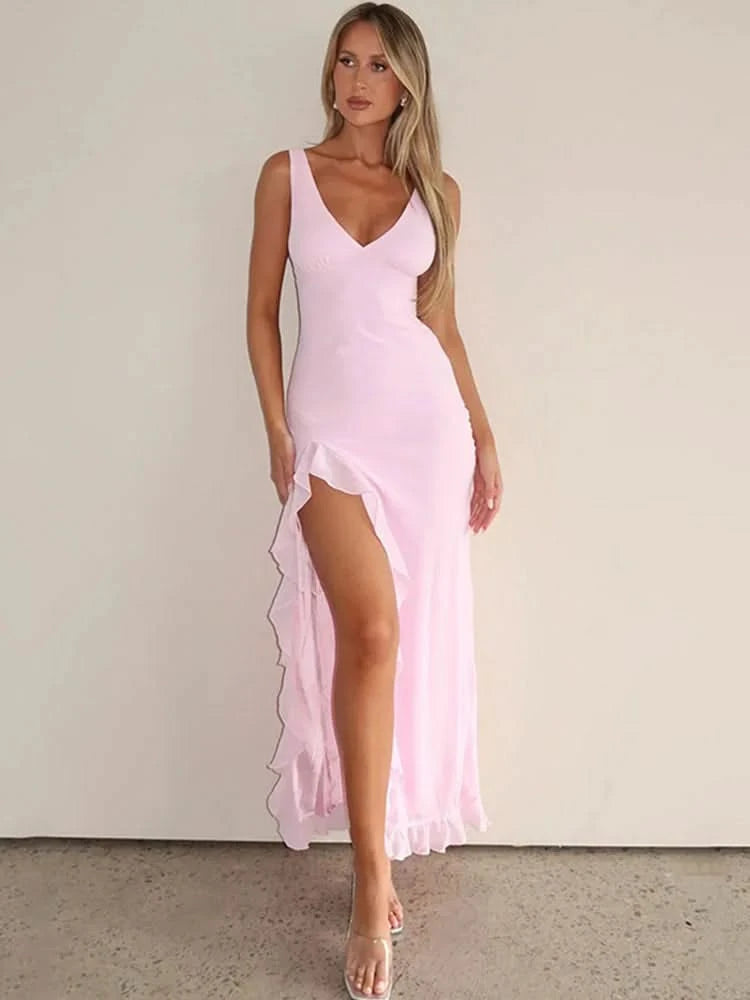Vestido midi con abertura alta y volantes
