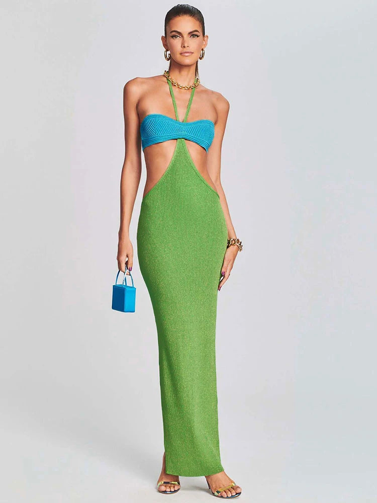 Woman wearing Green Crochet Halter Maxi Dress