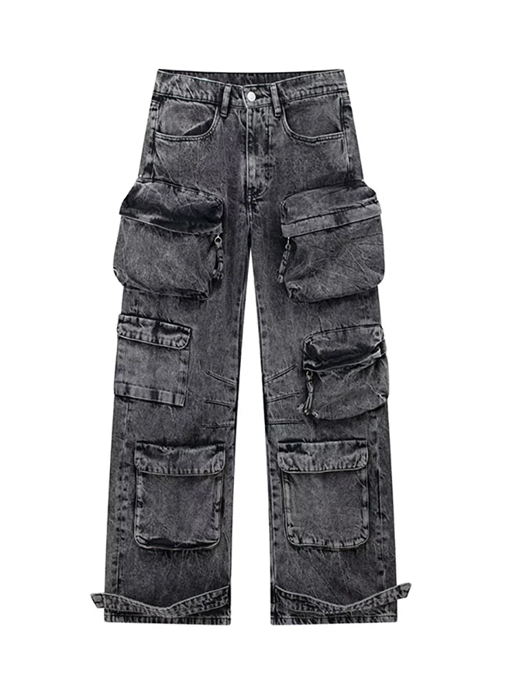 Gray Multi Pockets Wide-Leg Denim Pants