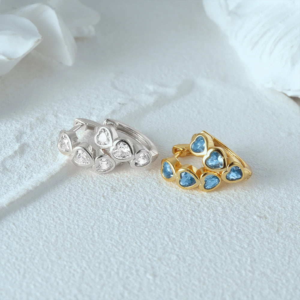 925 Sterling Silver Three Heart Blue White Zircon Hoop Earrings For Women 18k Gold Ins Fine Jewelry For Engagement Gift