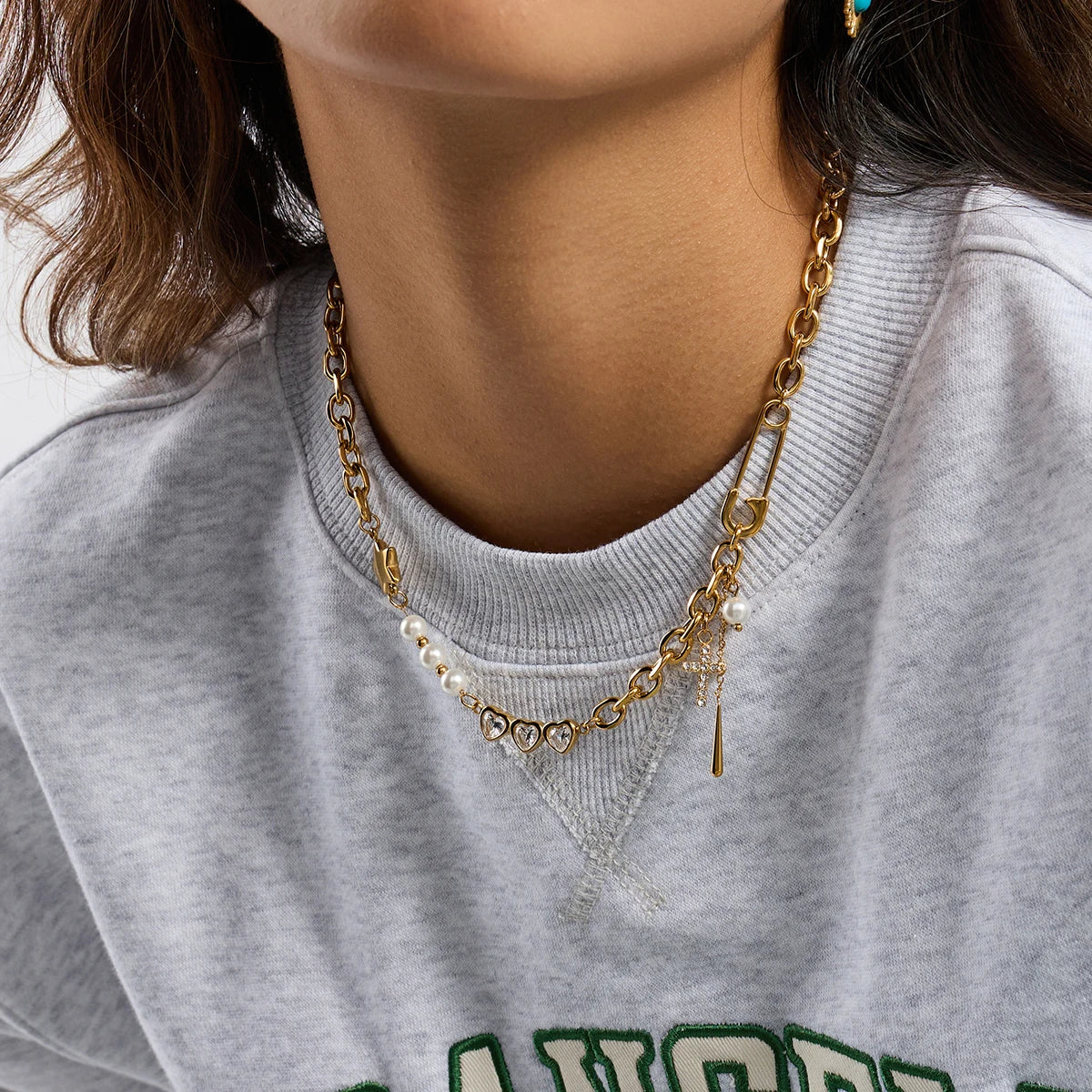 Y2K Patchwork Chain Necklace - Stainless Steel Paperclip & Pentagram Cross with Zirconia