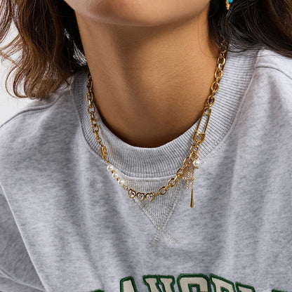 Y2K Patchwork Chain Necklace - Stainless Steel Paperclip & Pentagram Cross with Zirconia