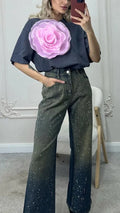 Full Shot photo of a Woman wearing her gray Loose T-Shirt with 3D Big Flower
